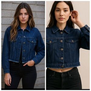 Etienne Marcel Cropped Denim Jacket Dark Blue Frayed Hem Button Front Small NWT
